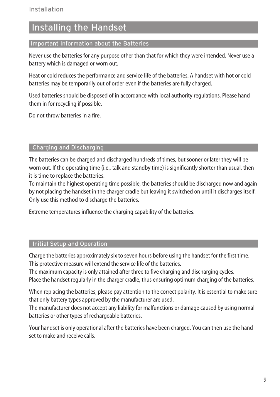 Installing the handset, Important information about, Charging and discharging | Initial setup and operation, Installing the handset ……………………………………………………………………9 | Aastra Telecom DECT 142 User Manual | Page 15 / 72