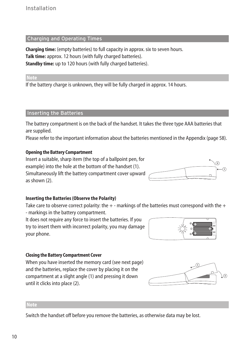 Charging and operating times, Inserting the batteries | Aastra Telecom DECT 142 User Manual | Page 16 / 72