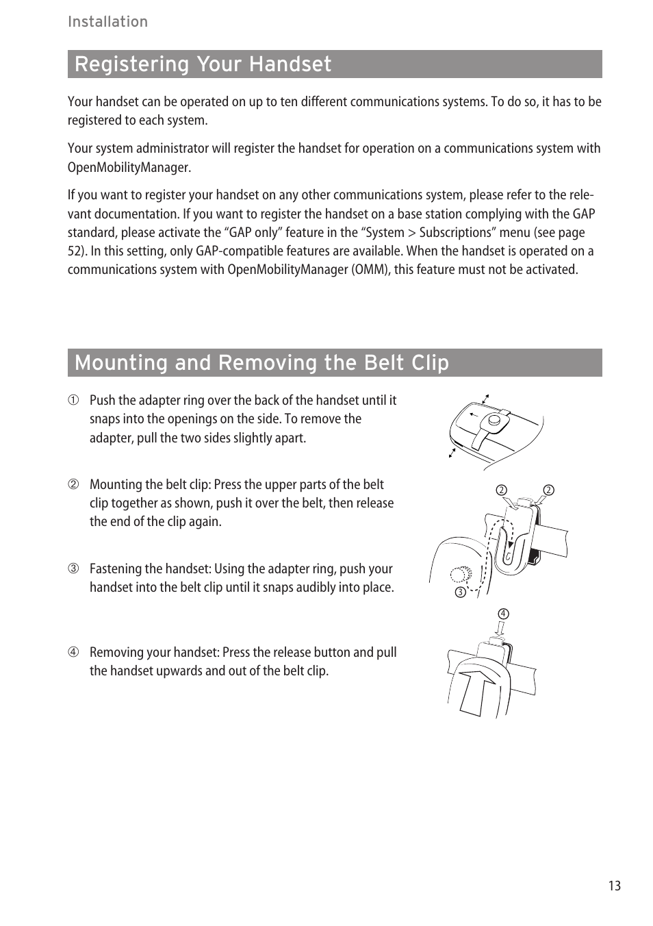 Registering your handset, Mounting and removing the be, Mounting and removing the belt clip | Aastra Telecom DECT 142 User Manual | Page 19 / 72