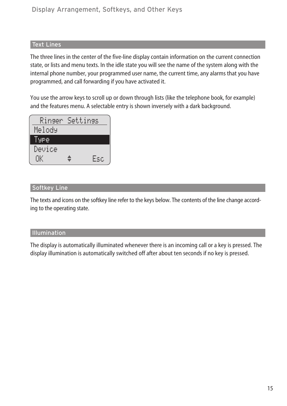 Text lines, Softkey line, Illumination | Ringer settings melody type device ok ‘ esc | Aastra Telecom DECT 142 User Manual | Page 21 / 72