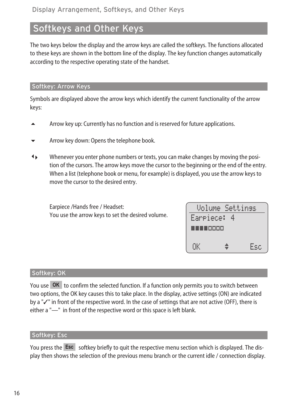 Softkeys and other keys, Softkey: arrow keys, Softkey: ok | Softkey: esc, Softkey: esc …………………………………………………………………………16 | Aastra Telecom DECT 142 User Manual | Page 22 / 72