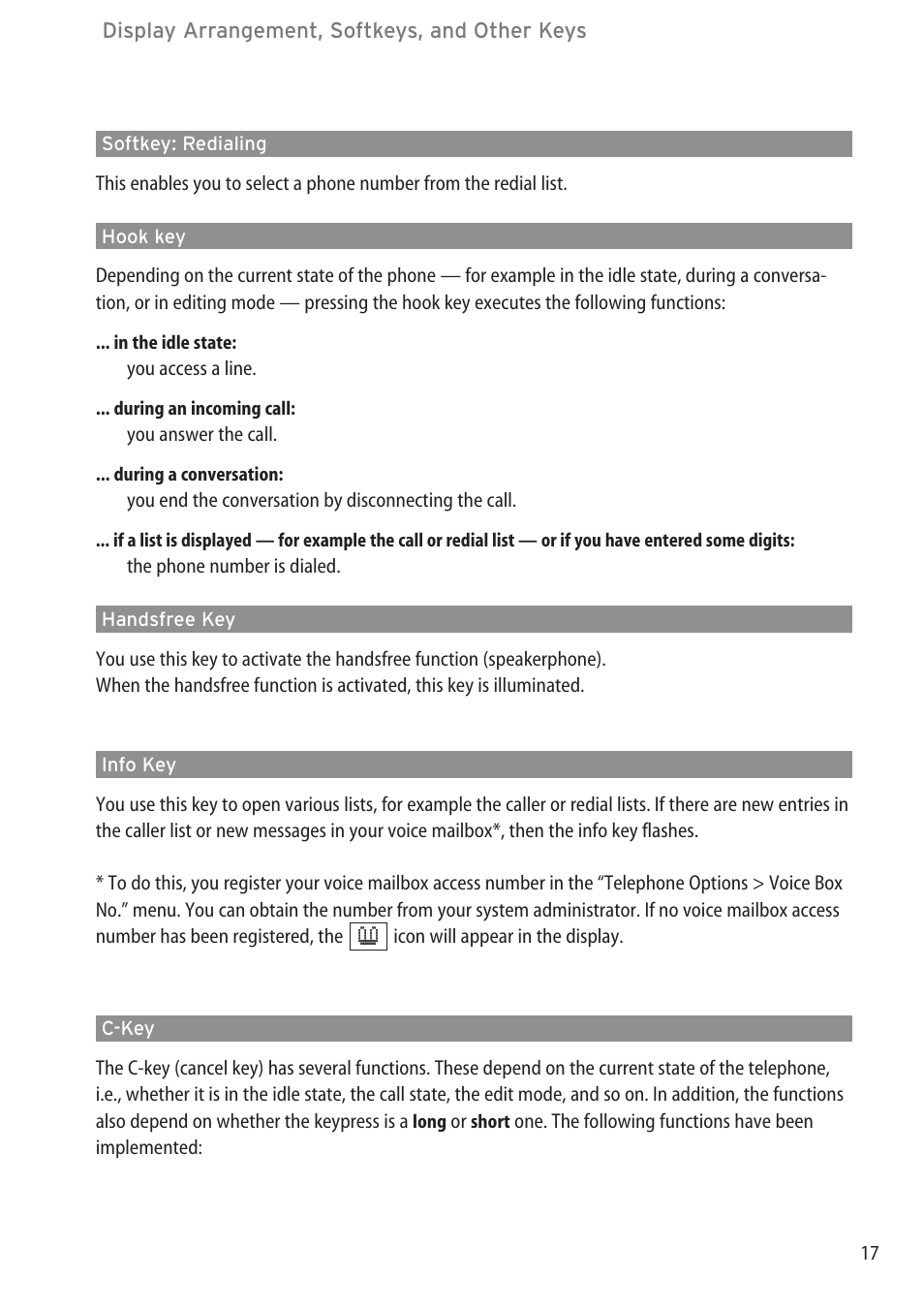 Softkey: redialing, Hook key, Handsfree key | Info key, C-key | Aastra Telecom DECT 142 User Manual | Page 23 / 72