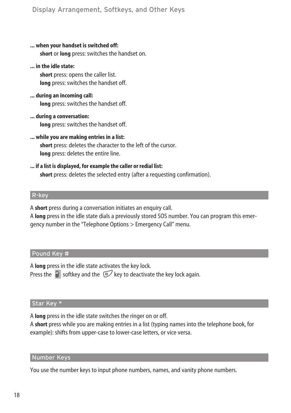 R-key, Pound key, Star key | Number keys, R-key ………………………………………………………………………………18 | Aastra Telecom DECT 142 User Manual | Page 24 / 72