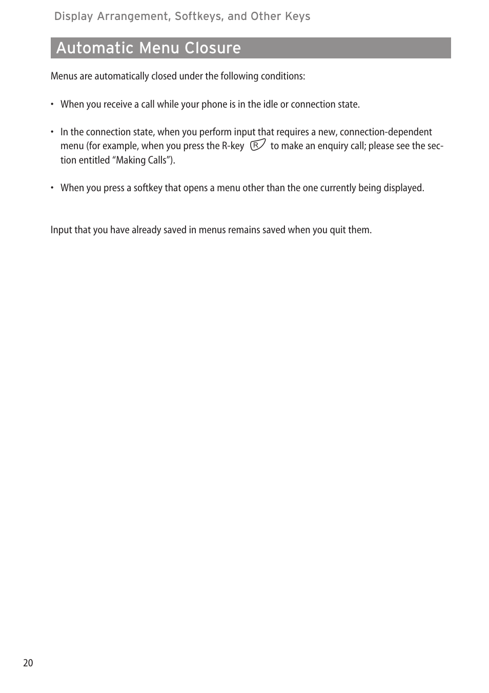 Automatic menu closure, Automatic menu closure…………………………………………………………………20 | Aastra Telecom DECT 142 User Manual | Page 26 / 72
