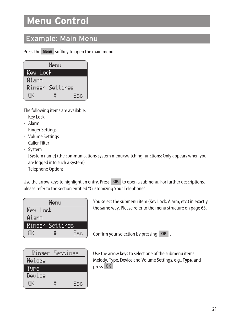 Menu control, Example: main menu, Example: main menu ……………………………………………………………………21 | Aastra Telecom DECT 142 User Manual | Page 27 / 72