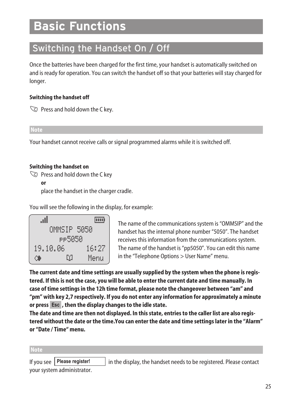 Basic functions, Switching the handset on / off | Aastra Telecom DECT 142 User Manual | Page 31 / 72