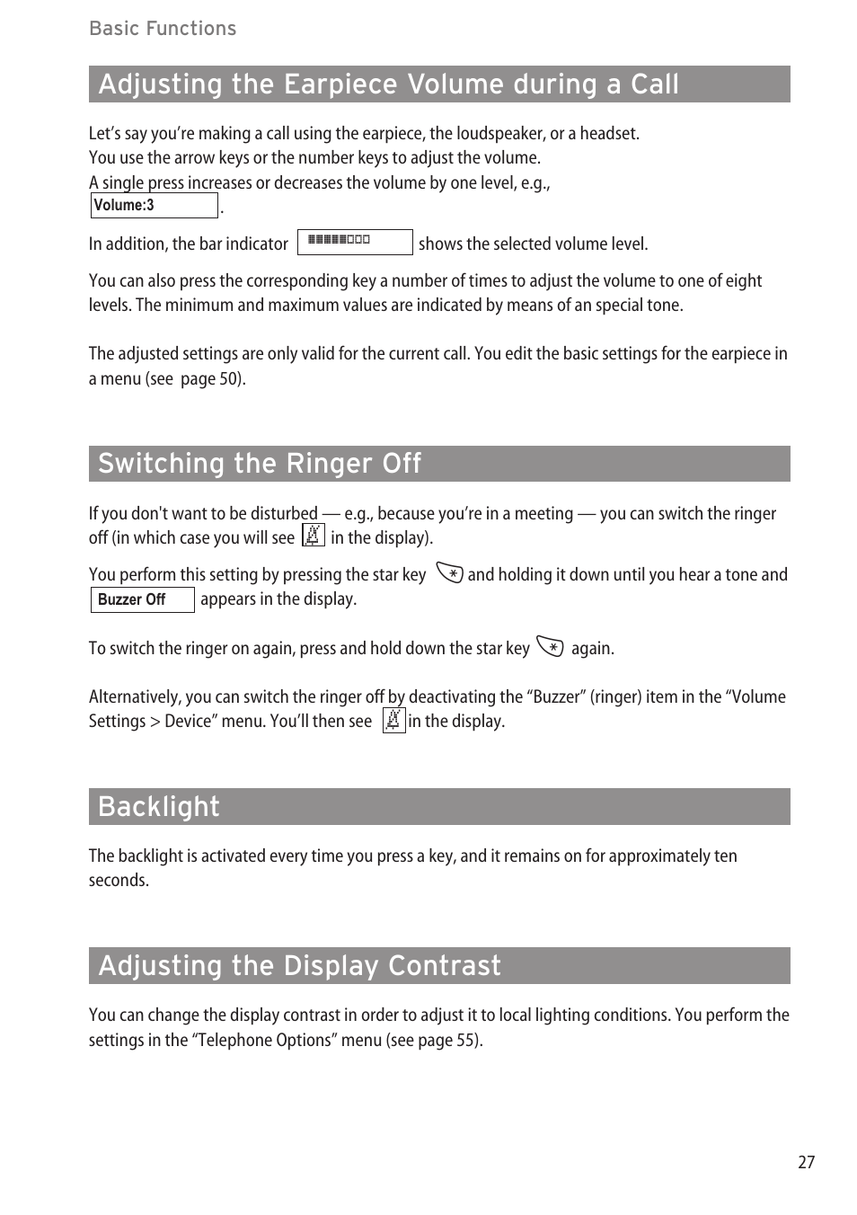Adjusting the earpiece volum, Switching the ringer off, Backlight | Adjusting the display contrast, Adjusting the earpiece volume during a call | Aastra Telecom DECT 142 User Manual | Page 33 / 72