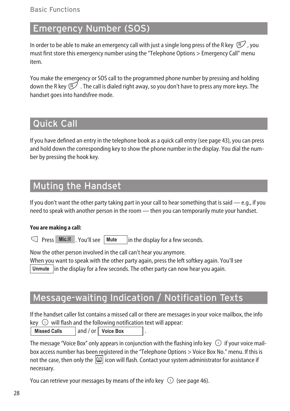 Emergency number (sos), Quick call, Muting the handset | Message-waiting indication, Message-waiting indication / notification texts | Aastra Telecom DECT 142 User Manual | Page 34 / 72