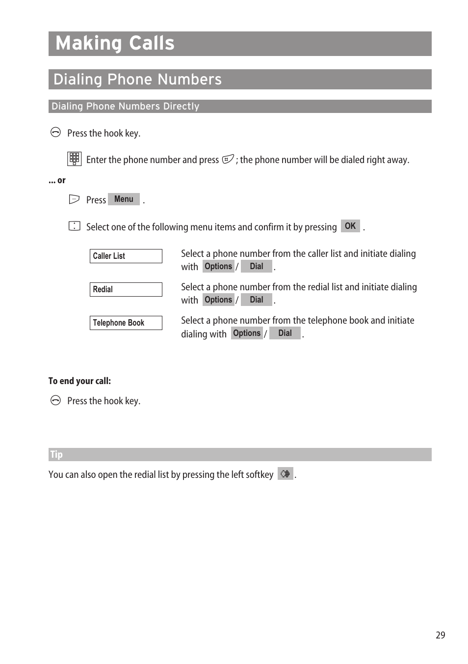 Making calls, Dialing phone numbers, Dialing phone numbers directly | Dialing phone numbers …………………………………………………………………29 | Aastra Telecom DECT 142 User Manual | Page 35 / 72