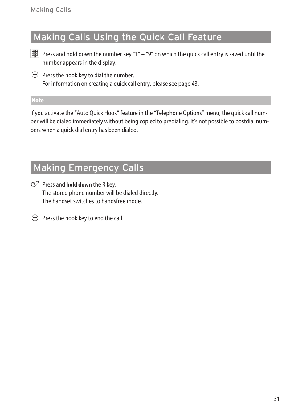 Making calls using the quick, Making emergency calls, Making calls using the quick call feature | Aastra Telecom DECT 142 User Manual | Page 37 / 72