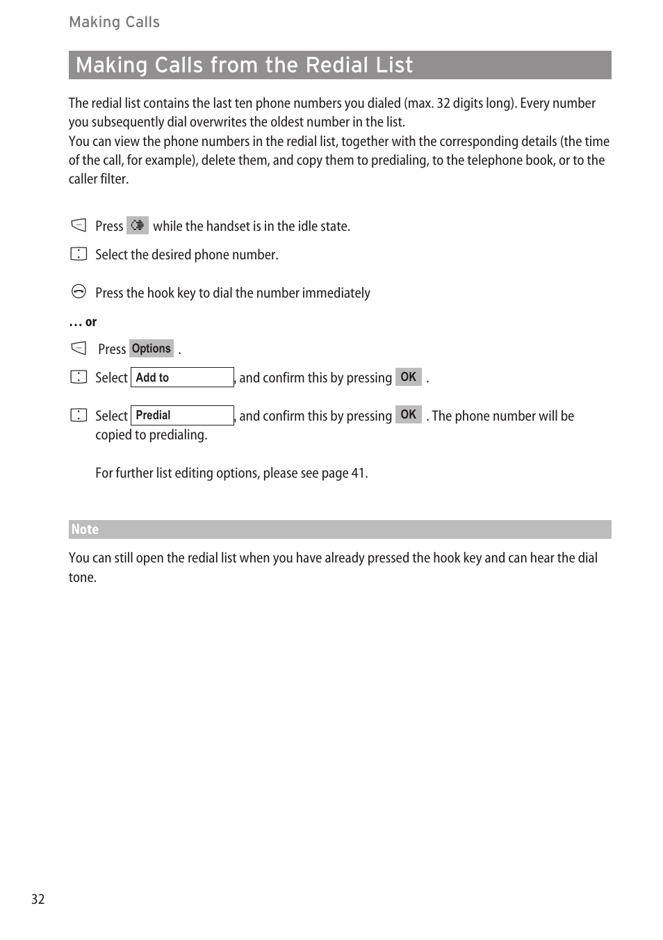Making calls from the redial, Making calls from the redial list | Aastra Telecom DECT 142 User Manual | Page 38 / 72