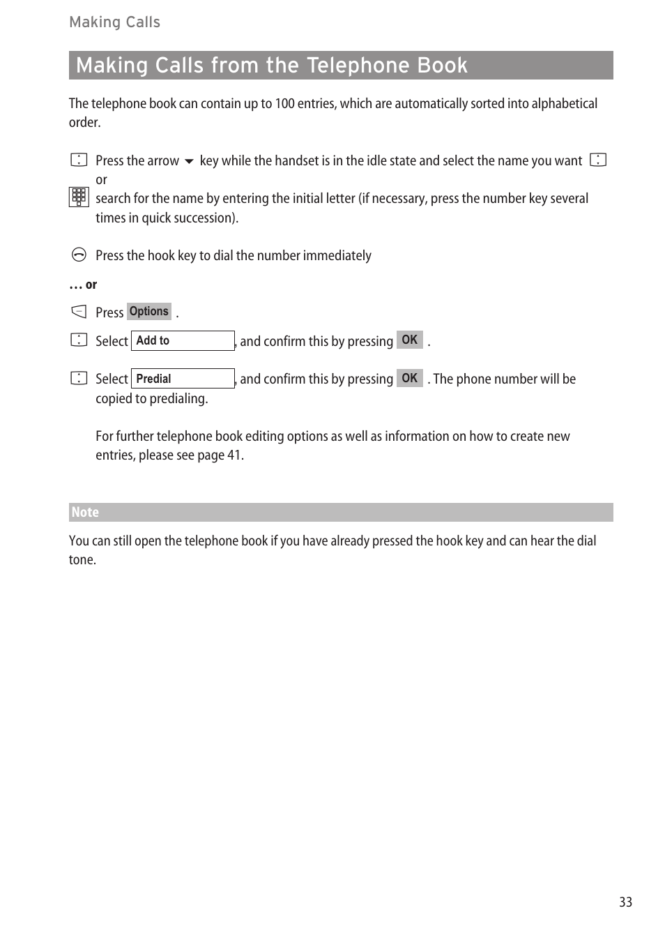 Making calls from the teleph, Making calls from the telephone book | Aastra Telecom DECT 142 User Manual | Page 39 / 72