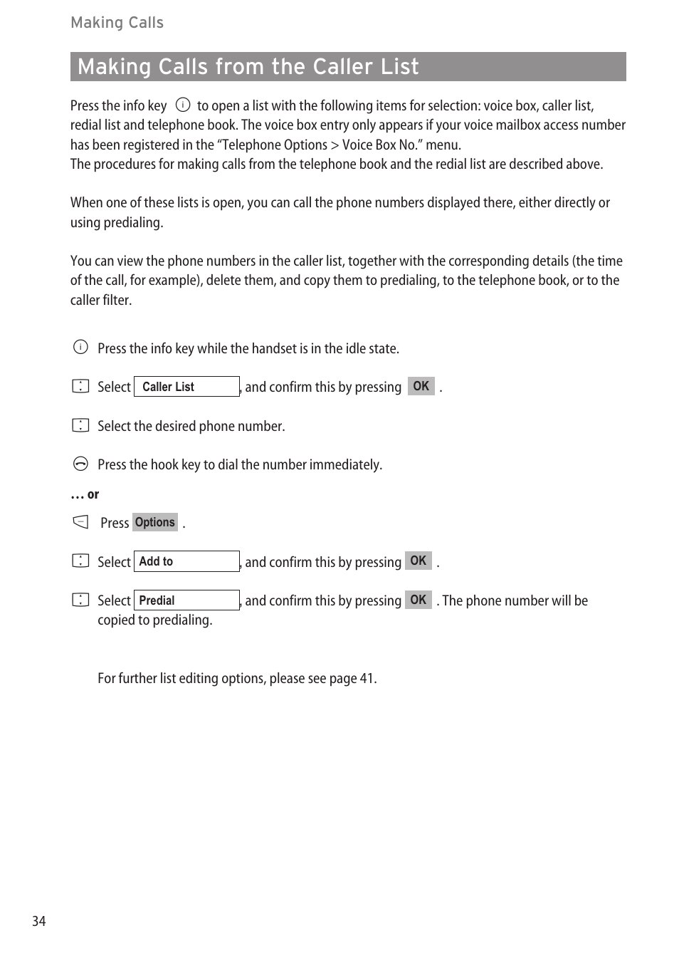 Making calls from the caller, Making calls from the caller list | Aastra Telecom DECT 142 User Manual | Page 40 / 72