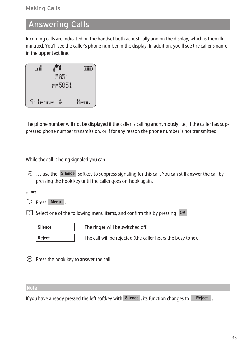 Answering calls, Answering calls …………………………………………………………………………35 | Aastra Telecom DECT 142 User Manual | Page 41 / 72