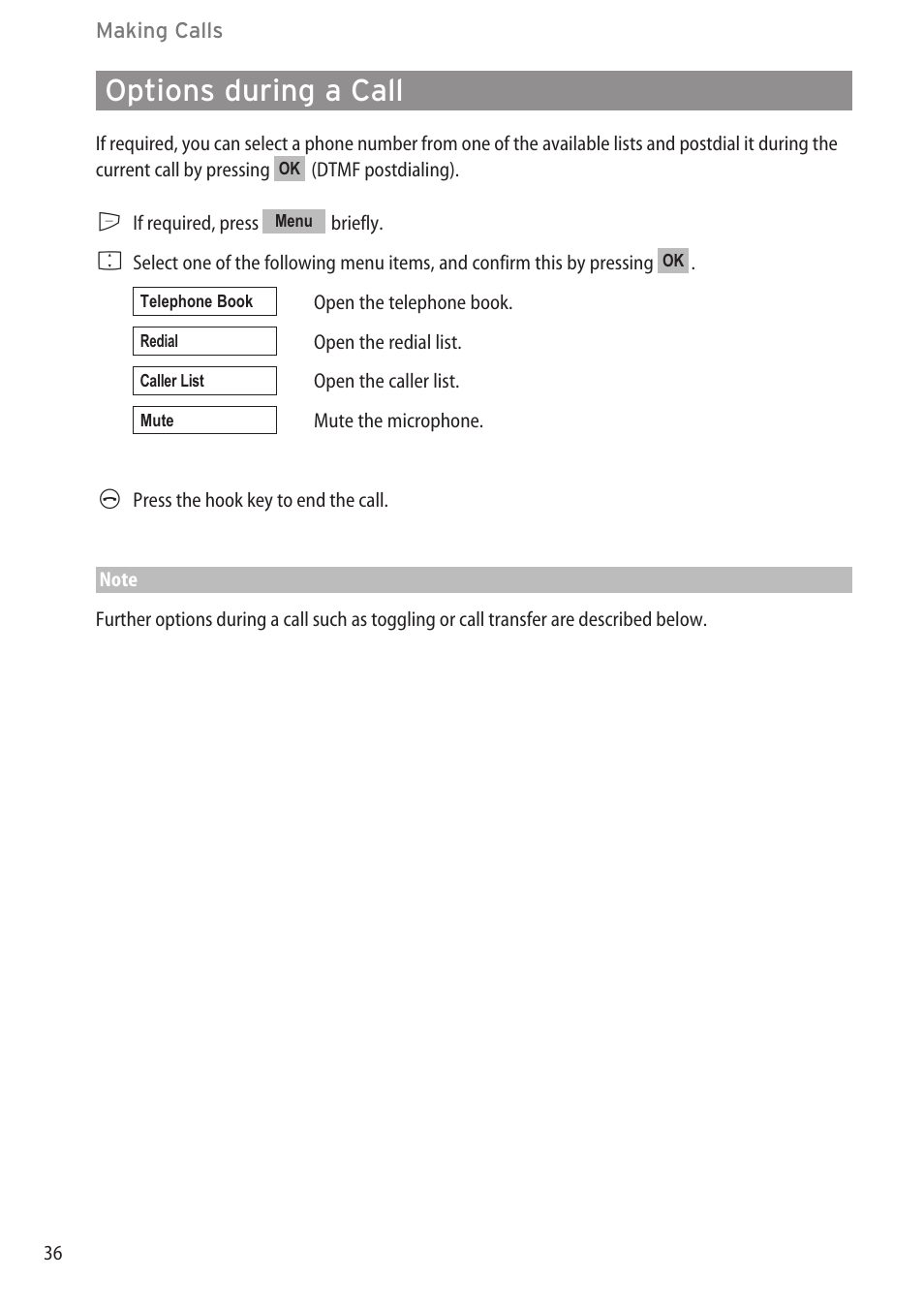Options during a call, Options during a call ……………………………………………………………………36 | Aastra Telecom DECT 142 User Manual | Page 42 / 72