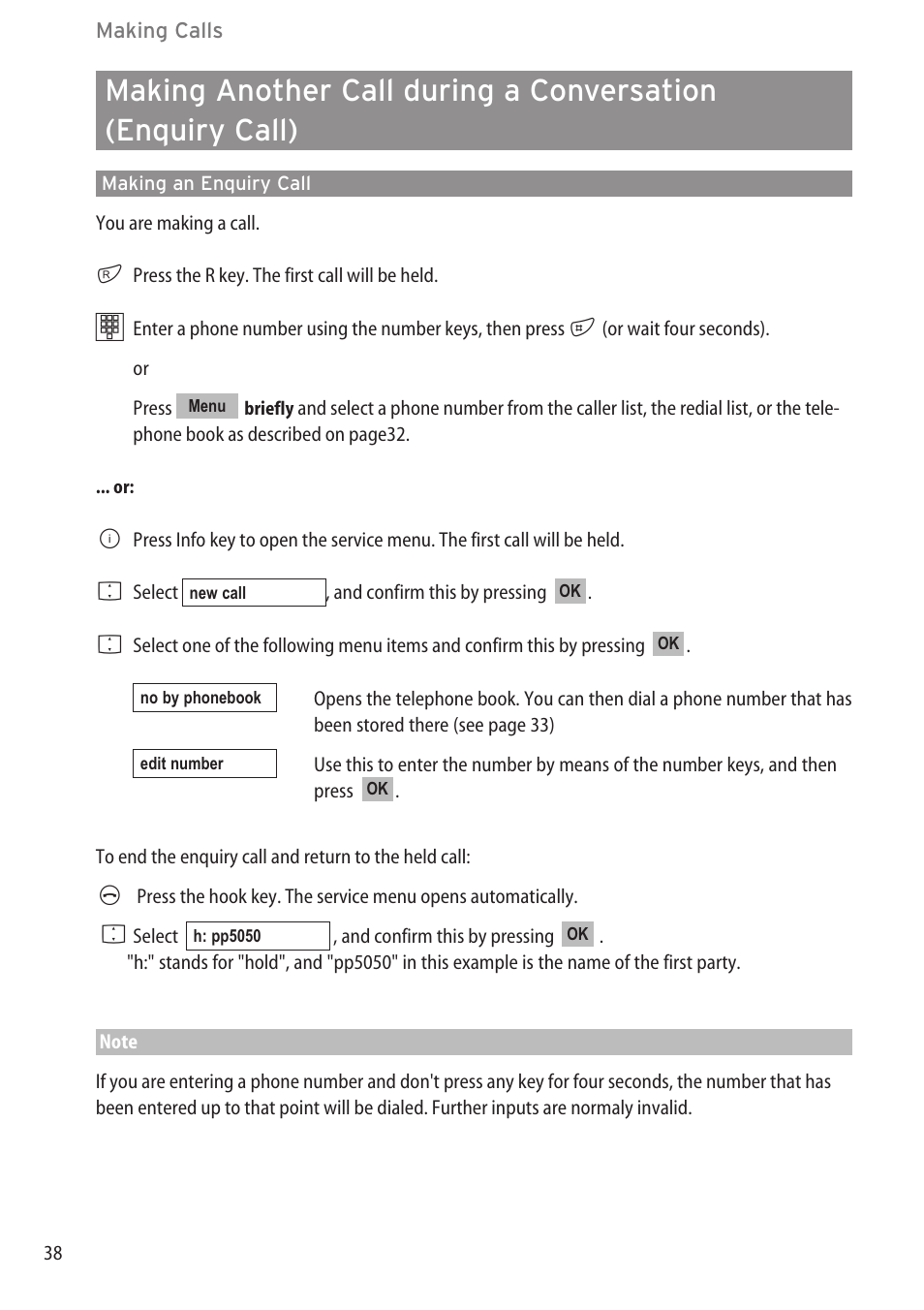Making another call during a, Enquiry call), Making an enquiry call | Making an enquiry call ………………………………………………………………38 | Aastra Telecom DECT 142 User Manual | Page 44 / 72