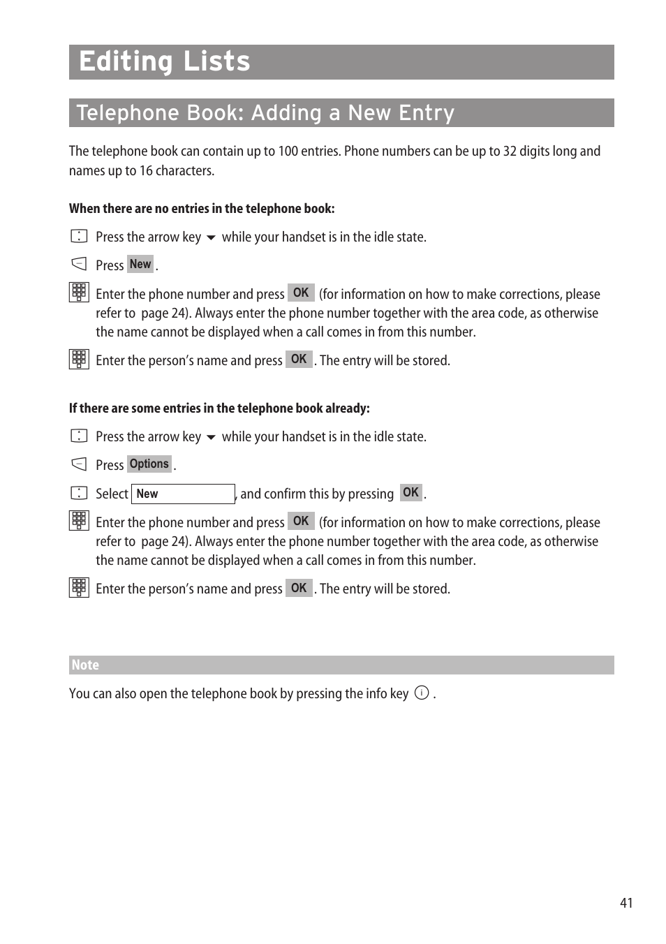 Editing lists, Telephone book: adding a new, Telephone book: adding a new entry | Aastra Telecom DECT 142 User Manual | Page 47 / 72