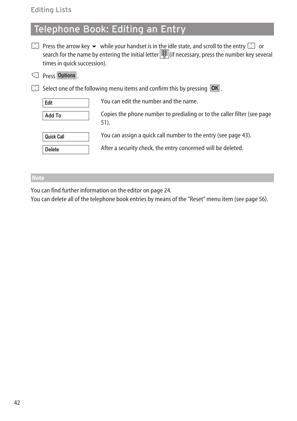 Telephone book: editing an e, Telephone book: editing an entry | Aastra Telecom DECT 142 User Manual | Page 48 / 72