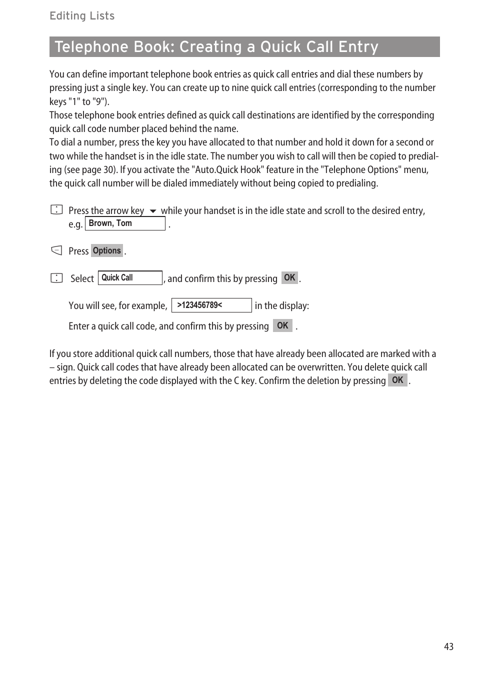 Telephone book: creating a q, Telephone book: creating a quick call entry | Aastra Telecom DECT 142 User Manual | Page 49 / 72