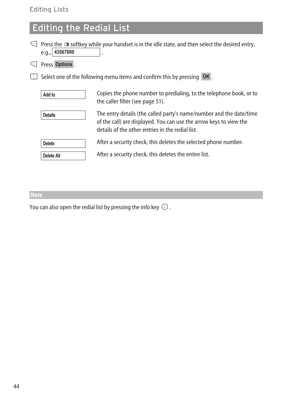 Editing the redial list | Aastra Telecom DECT 142 User Manual | Page 50 / 72