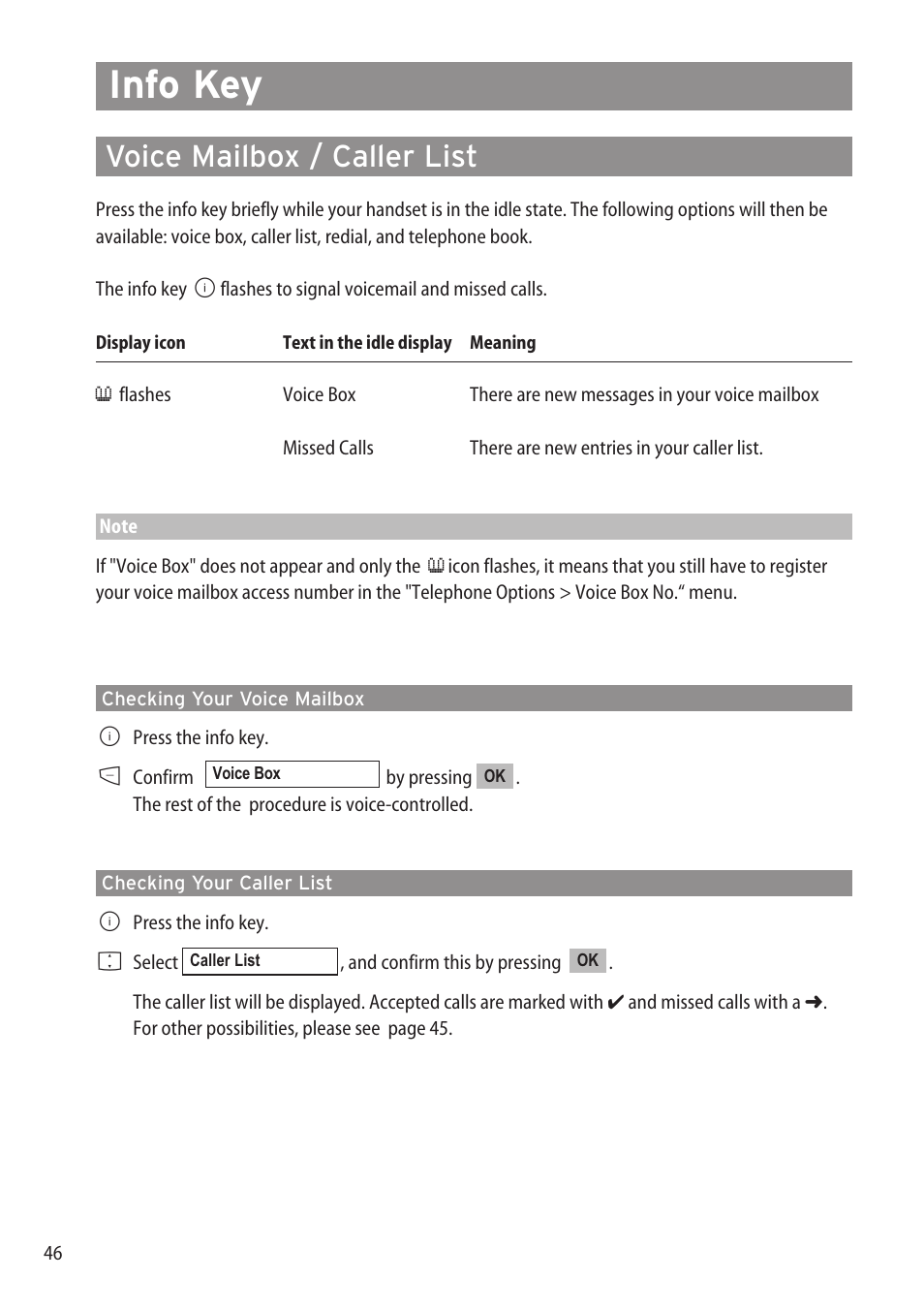 Info key, Voice mailbox / caller list, Checking your voice mailbox | Checking your caller list | Aastra Telecom DECT 142 User Manual | Page 52 / 72