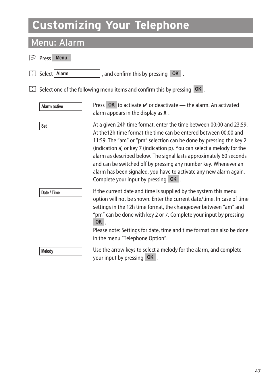 Customizing your telephone, Menu: alarm, Menu: alarm ……………………………………………………………………………47 | Aastra Telecom DECT 142 User Manual | Page 53 / 72