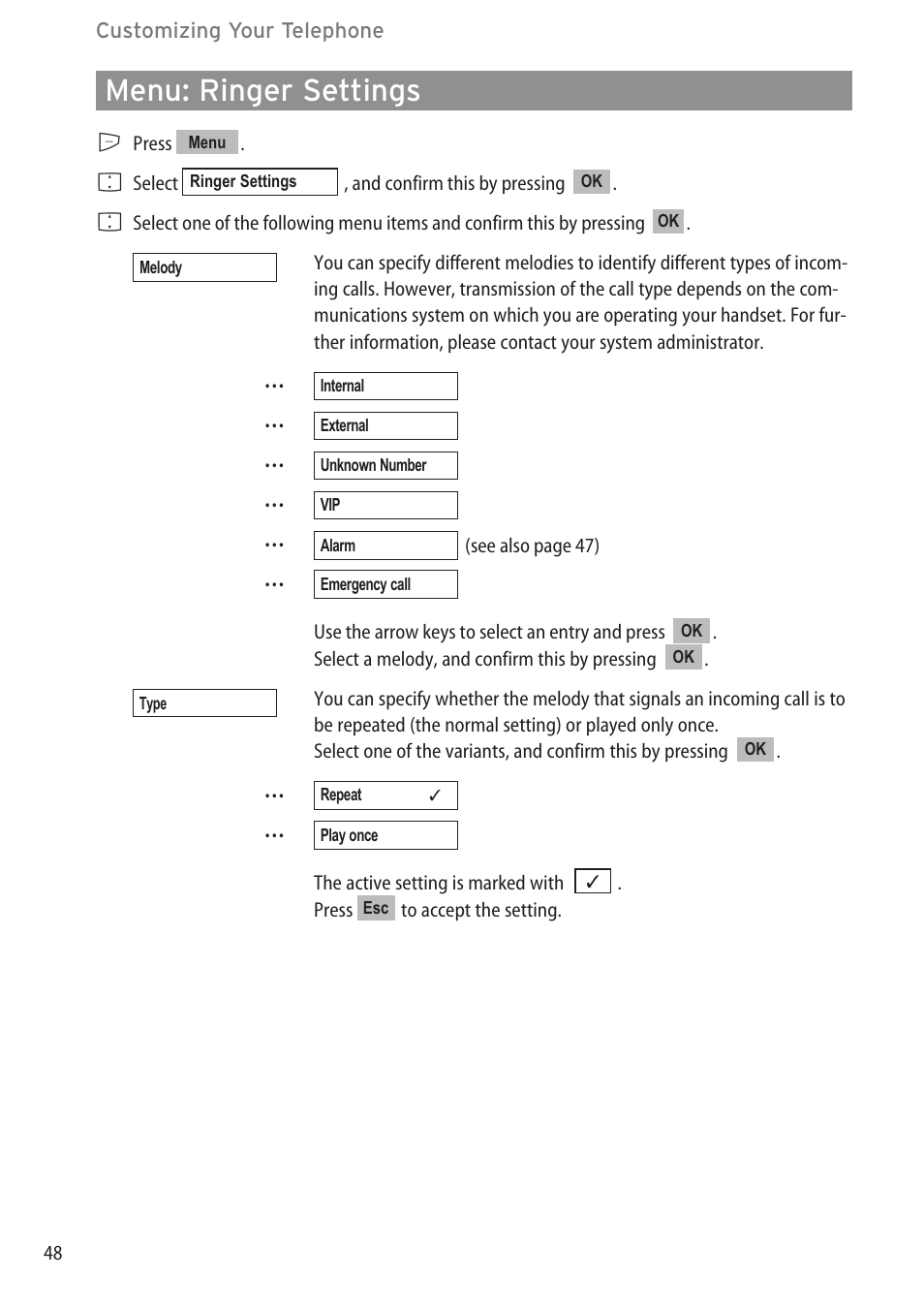 Menu: ringer settings, Menu: ringer settings……………………………………………………………………48 | Aastra Telecom DECT 142 User Manual | Page 54 / 72