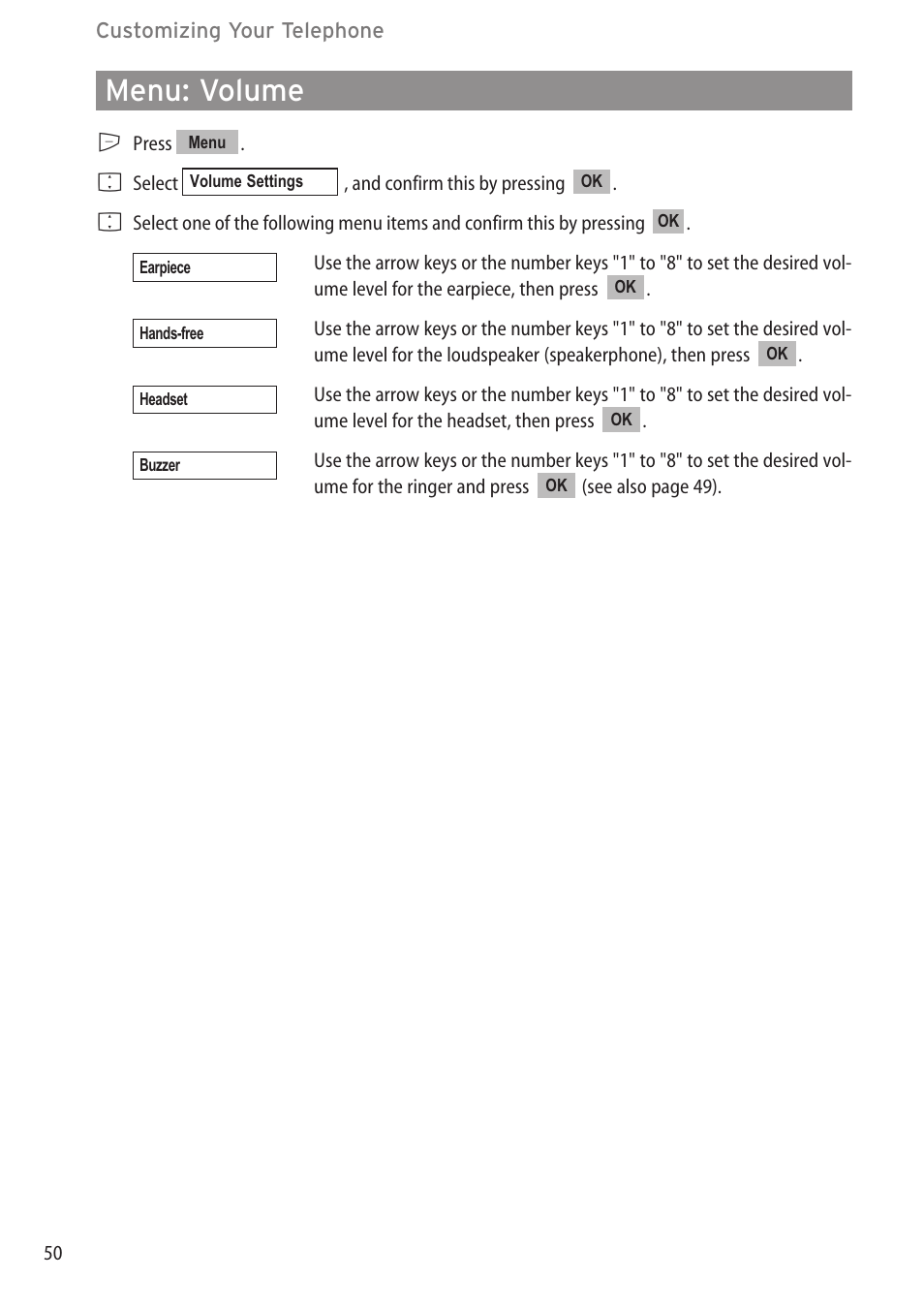 Menu: volume, Menu: volume …………………………………………………………………………50 | Aastra Telecom DECT 142 User Manual | Page 56 / 72