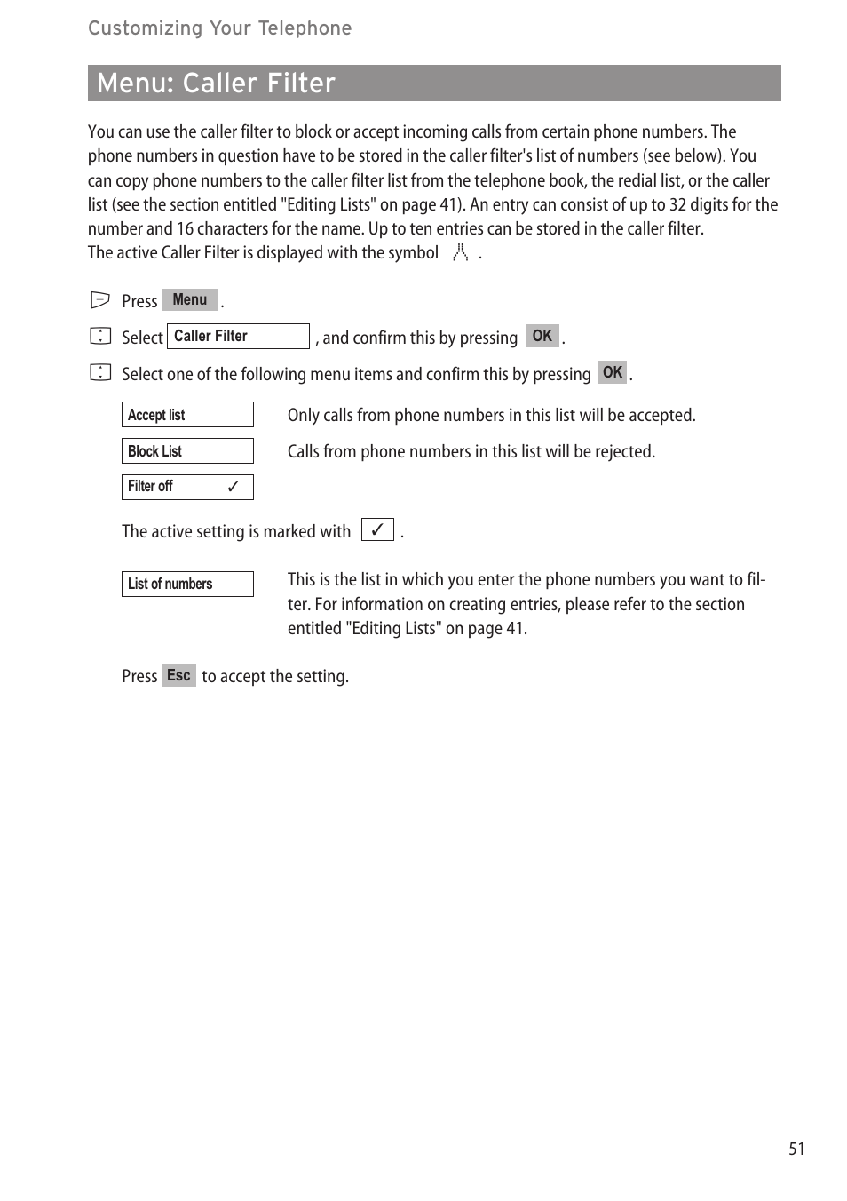 Menu: caller filter, Menu: caller filter ………………………………………………………………………51 | Aastra Telecom DECT 142 User Manual | Page 57 / 72