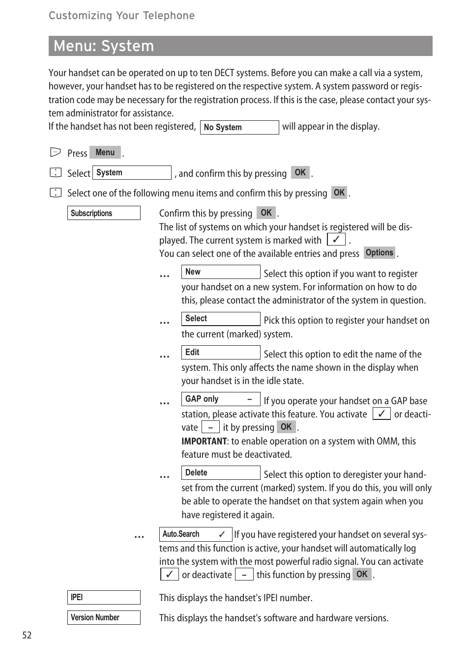 Menu: system, Menu: system …………………………………………………………………………52 | Aastra Telecom DECT 142 User Manual | Page 58 / 72