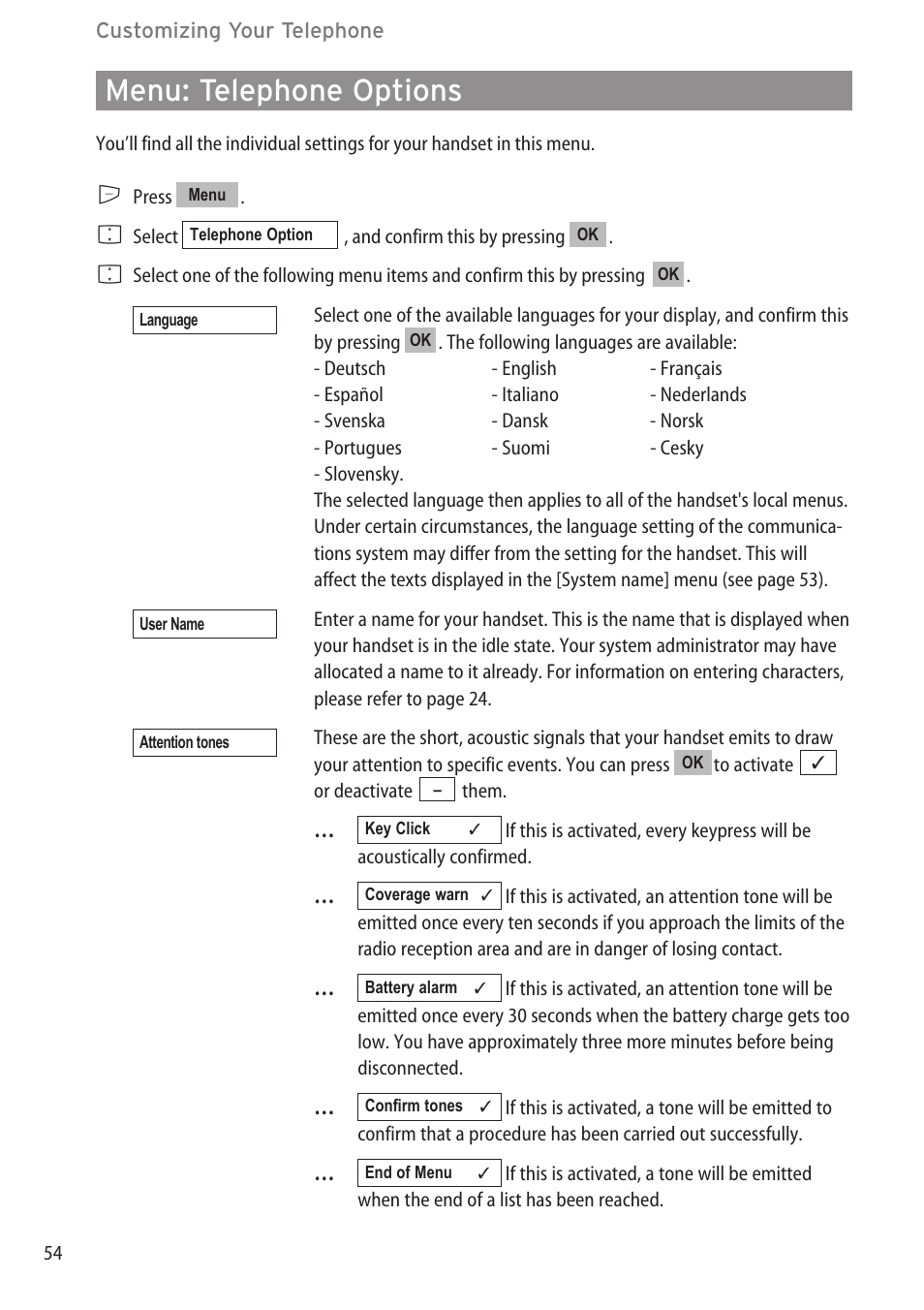 Menu: telephone options, Menu: telephone options ………………………………………………………………54 | Aastra Telecom DECT 142 User Manual | Page 60 / 72