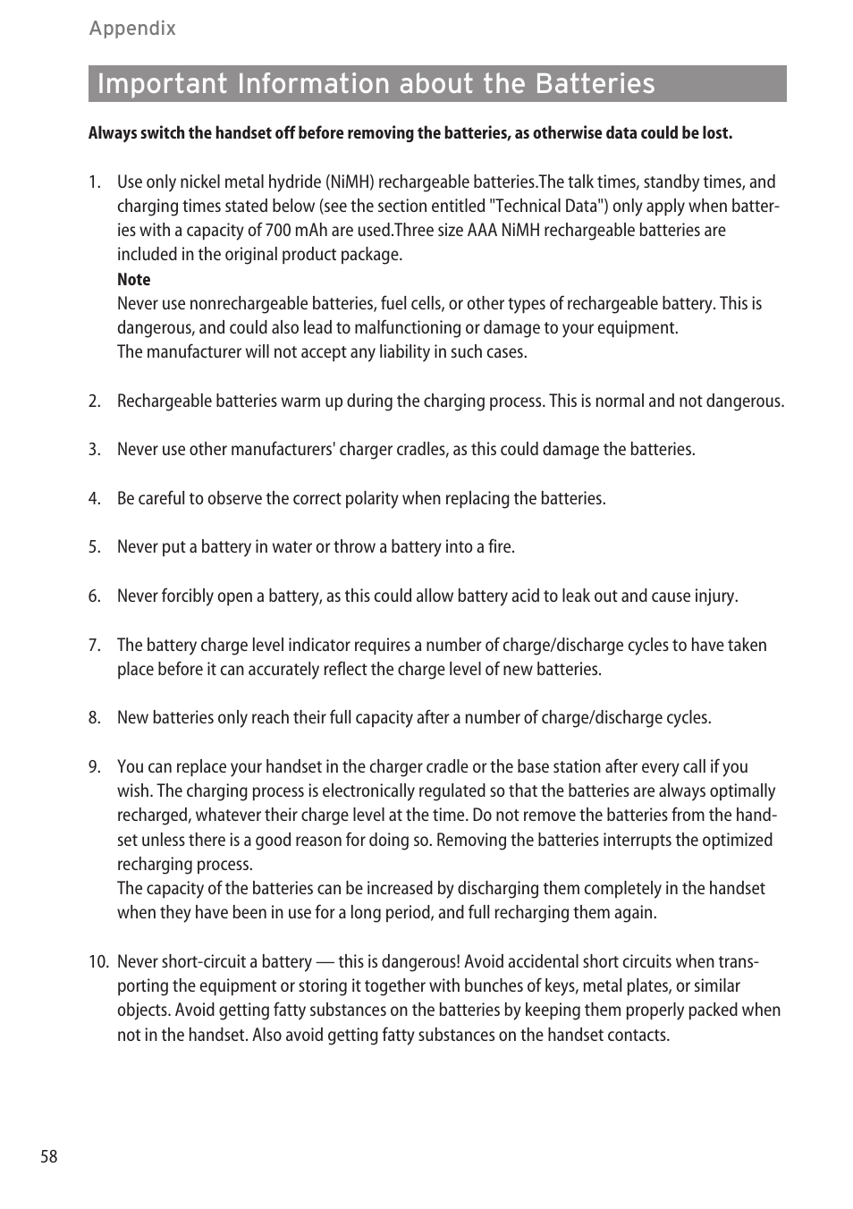 Important information about, Important information about the batteries | Aastra Telecom DECT 142 User Manual | Page 64 / 72