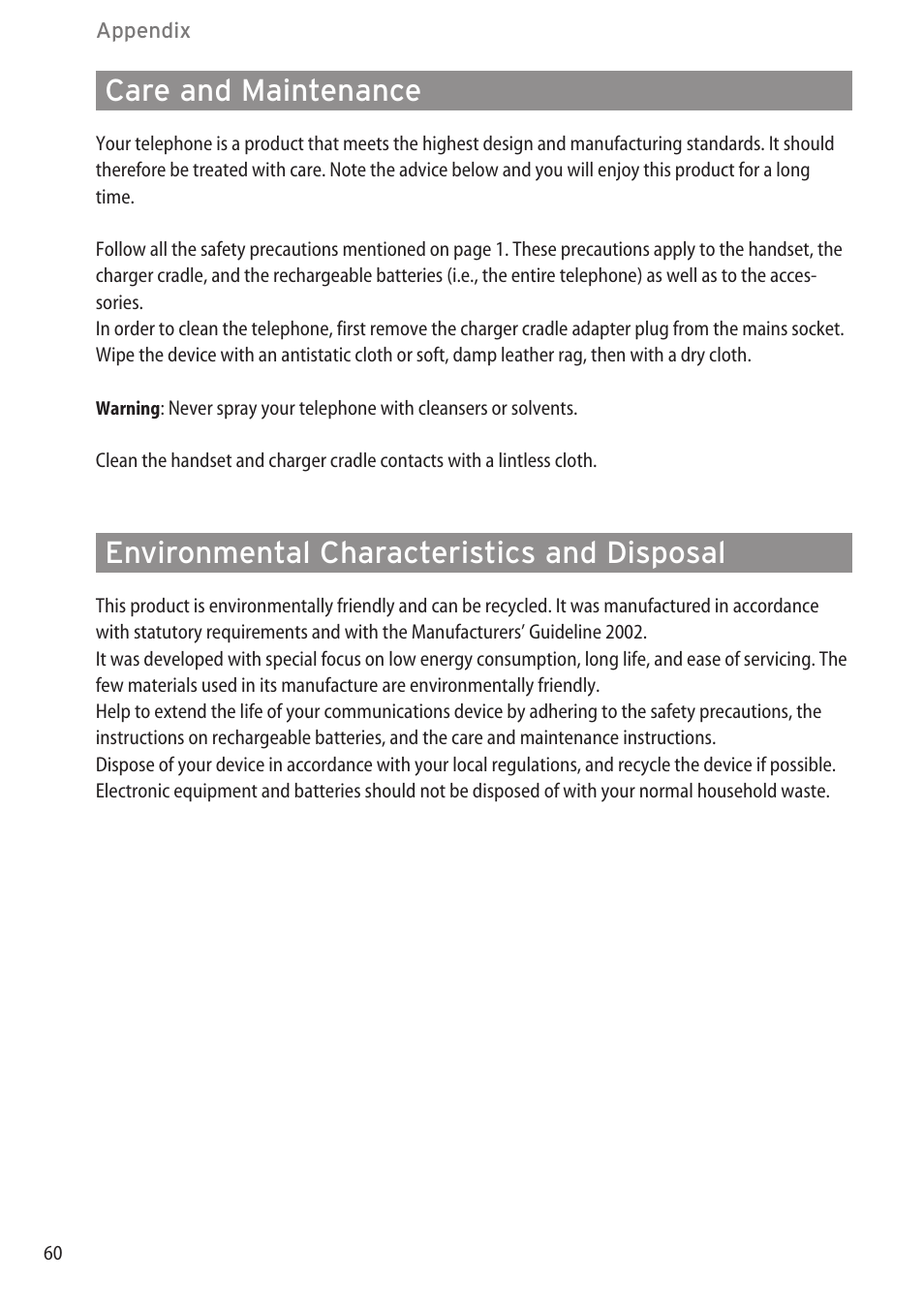 Care and maintenance, Environmental characteristic, Environmental characteristics and disposal | Aastra Telecom DECT 142 User Manual | Page 66 / 72
