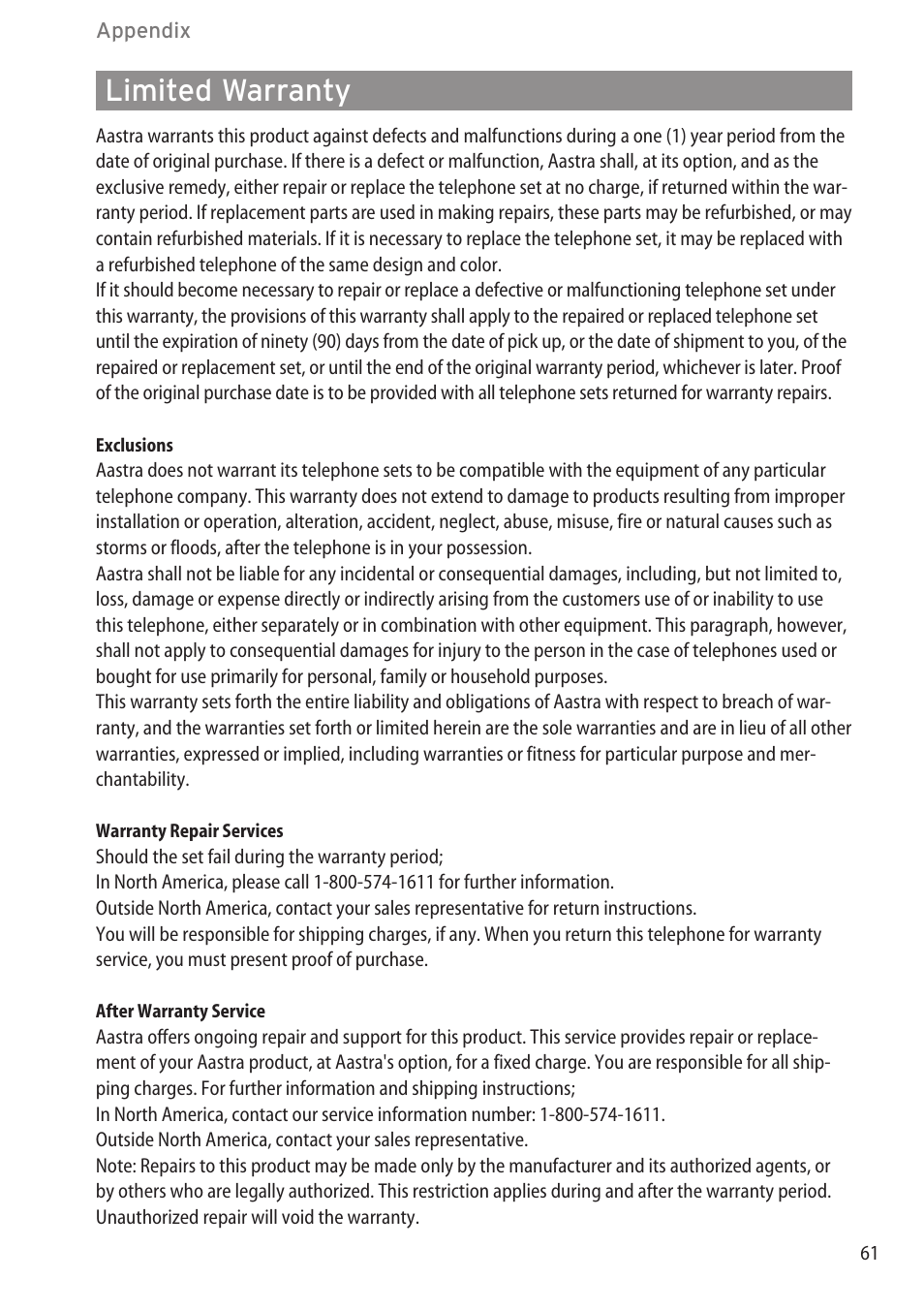 Limited warranty, Limited warranty ………………………………………………………………………61 | Aastra Telecom DECT 142 User Manual | Page 67 / 72