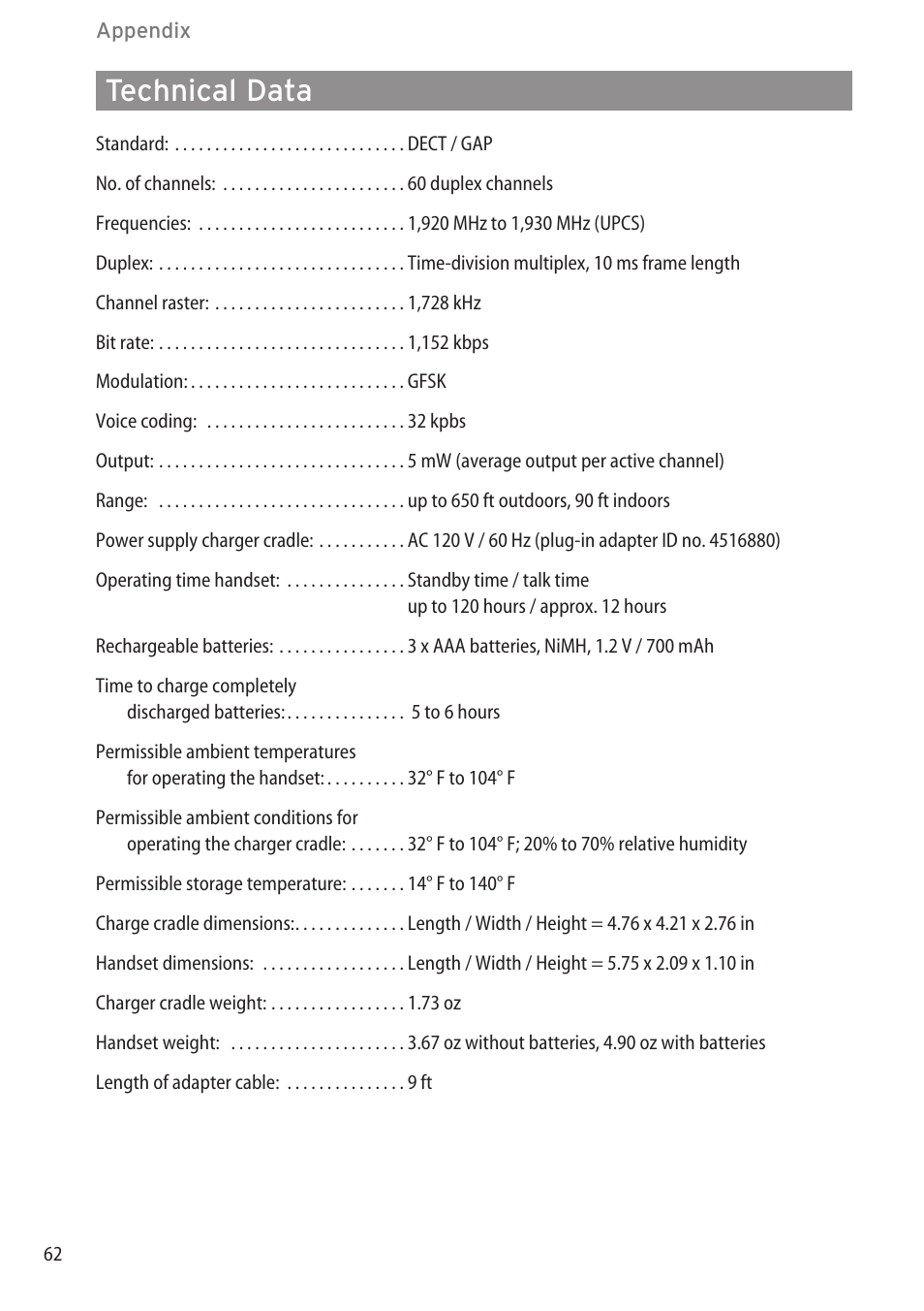Technical data, Technical data …………………………………………………………………………62 | Aastra Telecom DECT 142 User Manual | Page 68 / 72