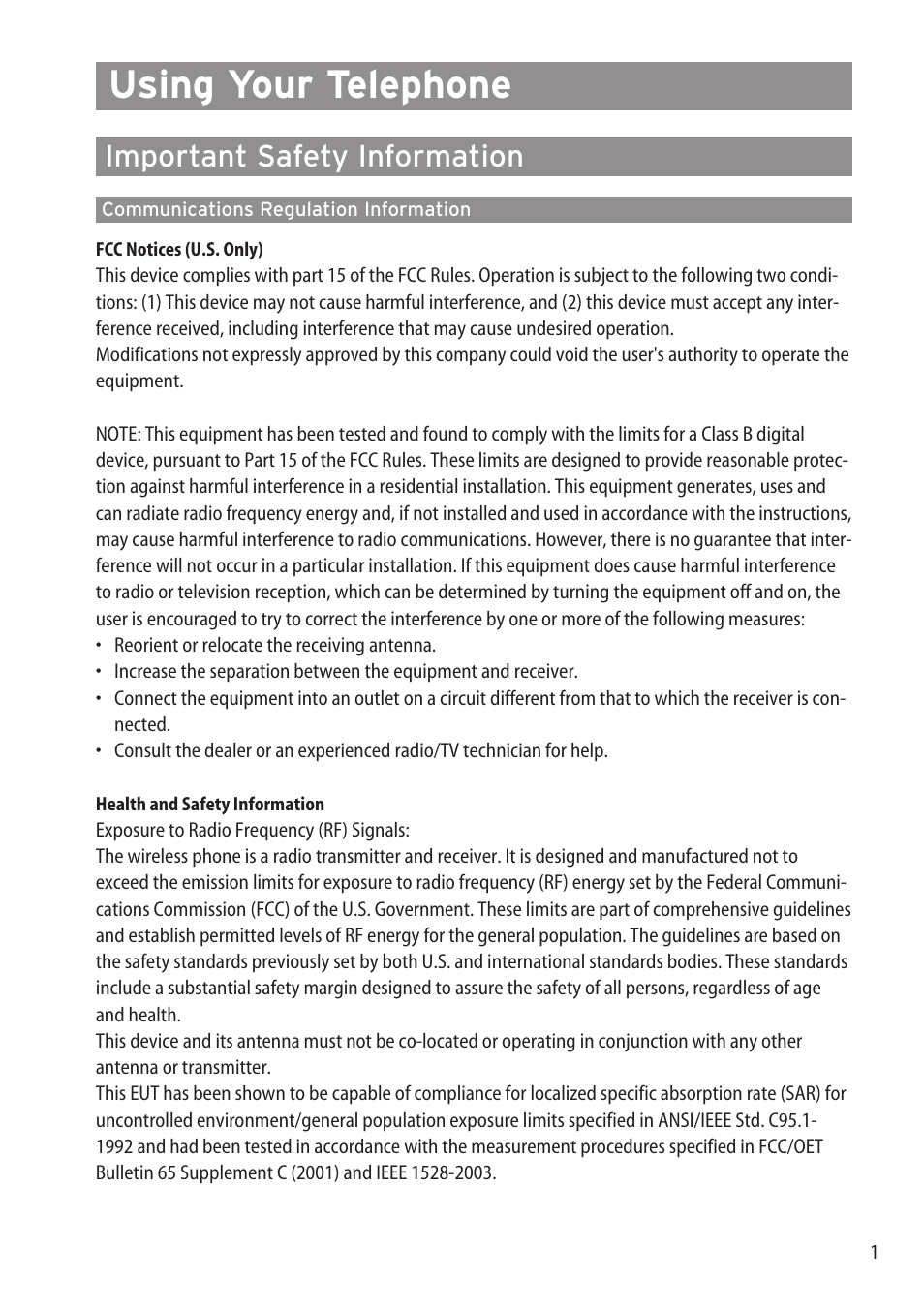 Using your telephone, Important safety information, Communications regulation in | Aastra Telecom DECT 142 User Manual | Page 7 / 72