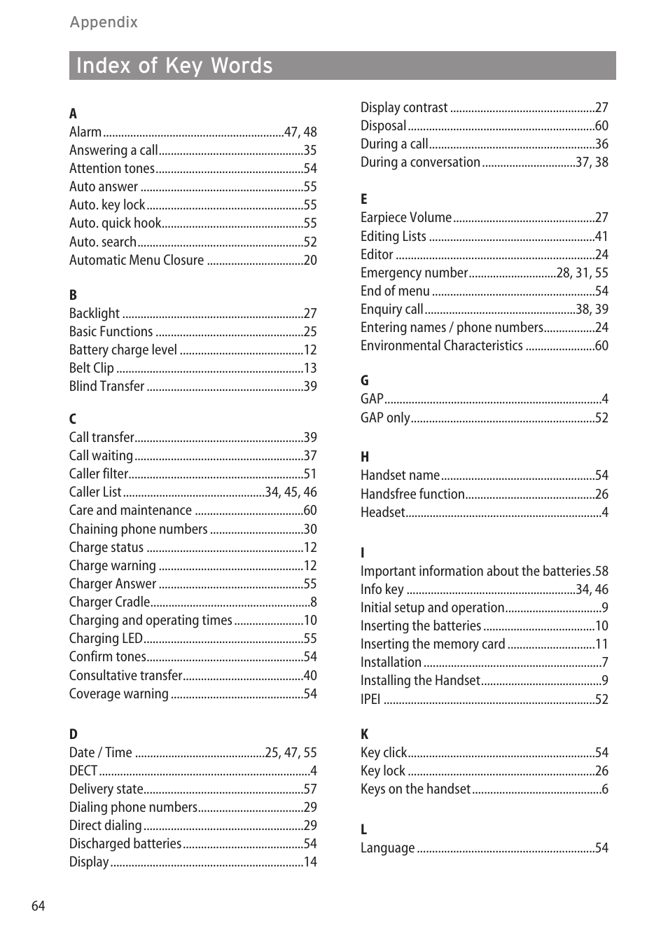 Index of key words, Index of key words………………………………………………………………………64 | Aastra Telecom DECT 142 User Manual | Page 70 / 72