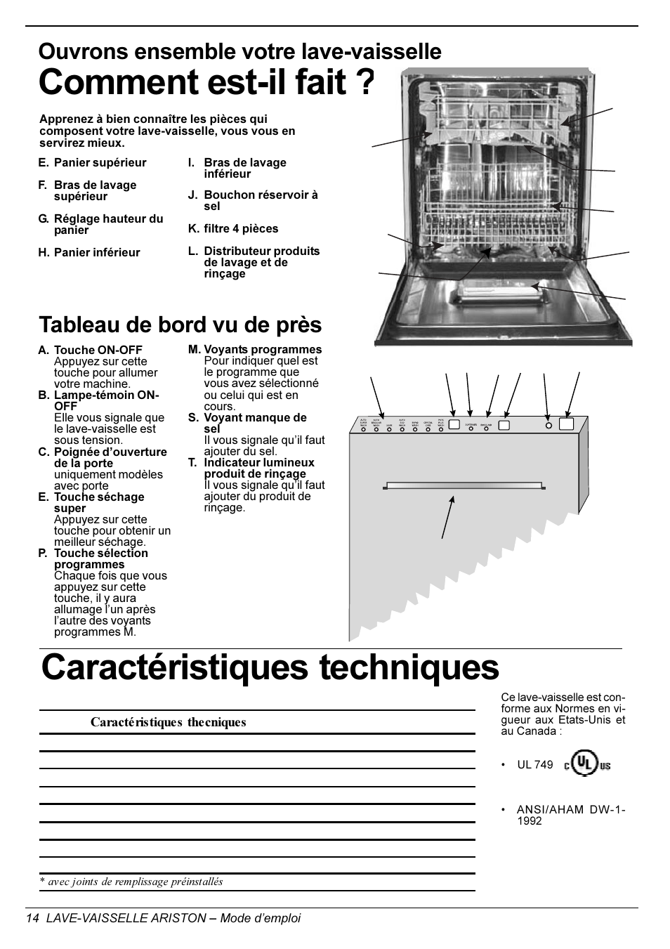 Comment est-il fait, Caractéristiques techniques, Tableau de bord vu de près | Ouvrons ensemble votre lave-vaisselle | Ariston LI 670 B-S-X-WLI User Manual | Page 14 / 31