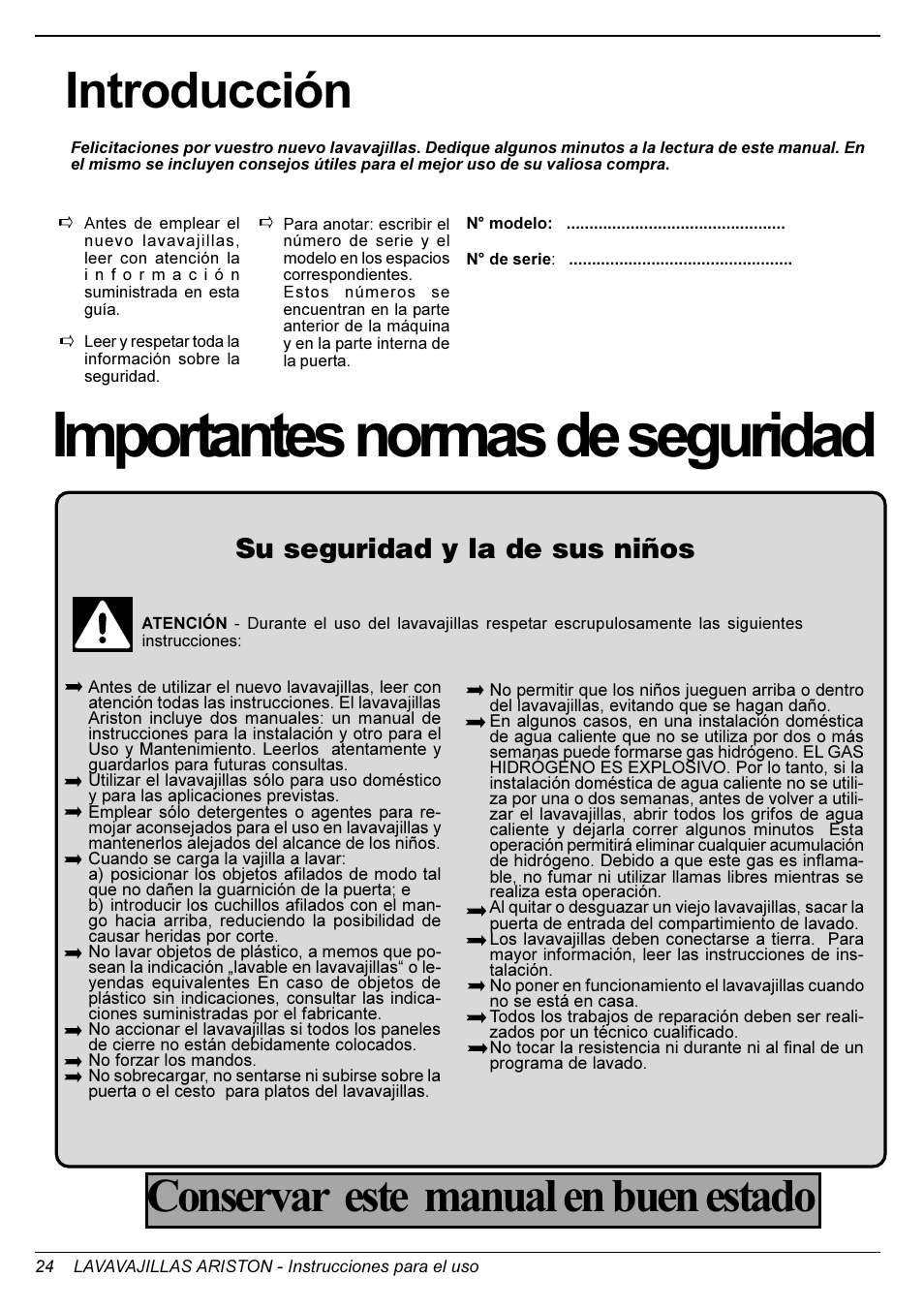 Importantes normas de seguridad, Introducción, Conservar este manual en buen estado | Su seguridad y la de sus niños | Ariston LI 670 B-S-X-WLI User Manual | Page 23 / 31