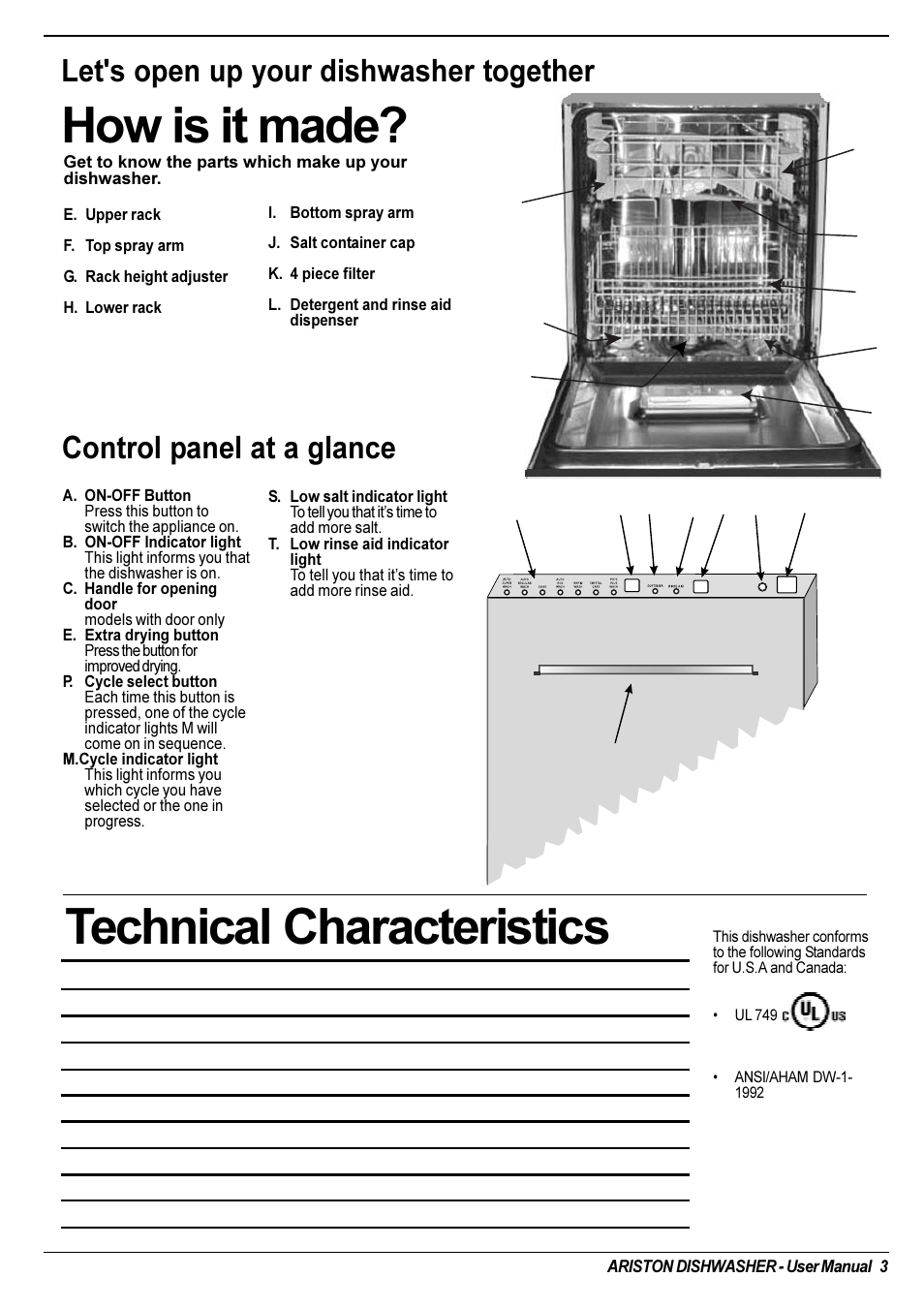 How is it made, Technical characteristics, Control panel at a glance | Let's open up your dishwasher together | Ariston LI 670 B-S-X-WLI User Manual | Page 4 / 31