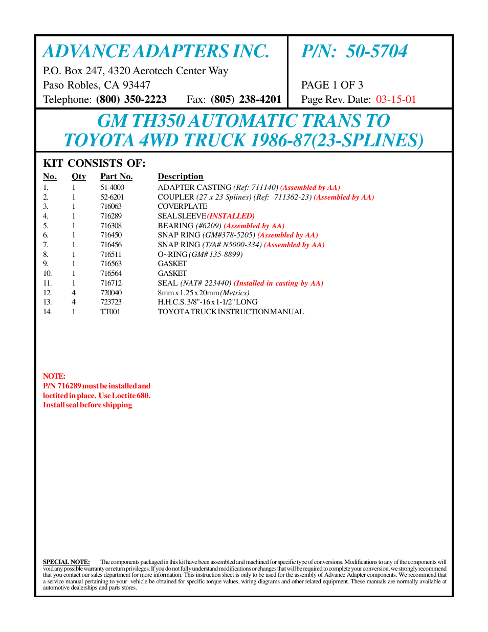 Advance Adapters 50-5704 User Manual | 3 pages