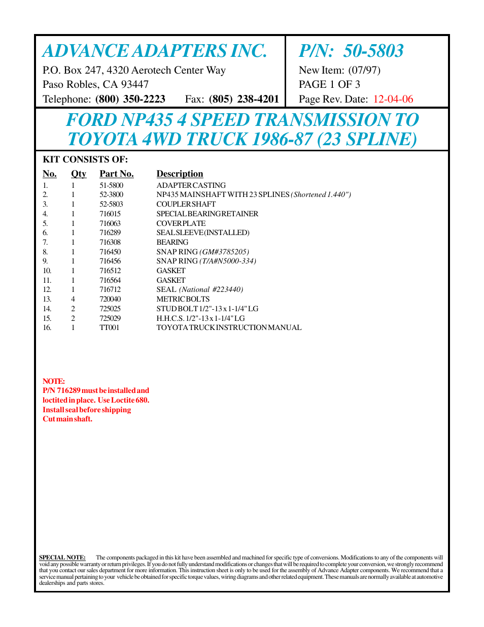 Advance Adapters 50-5803 User Manual | 3 pages