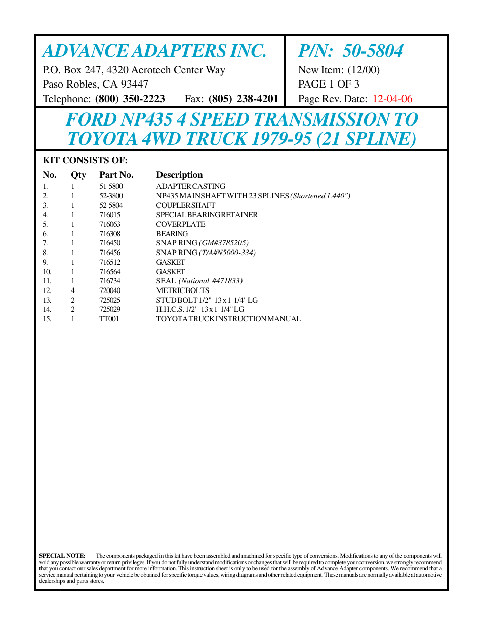 Advance Adapters 50-5804 User Manual | 3 pages