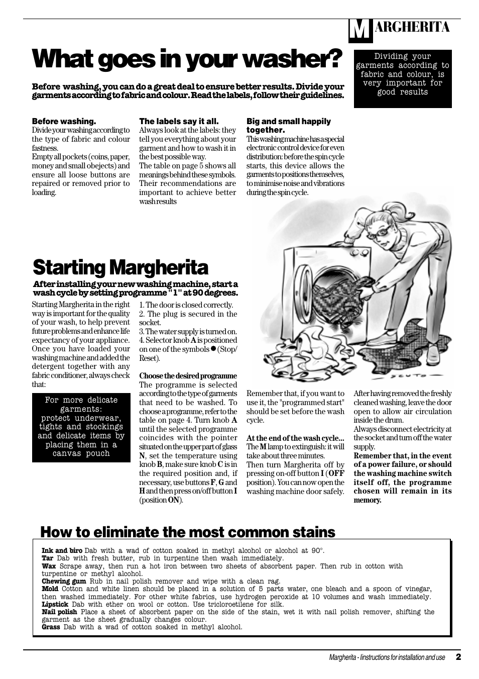 What goes in your washer, Starting margherita, How to eliminate the most common stains | Argherita | Ariston MARGHERITA A 1234 User Manual | Page 3 / 16