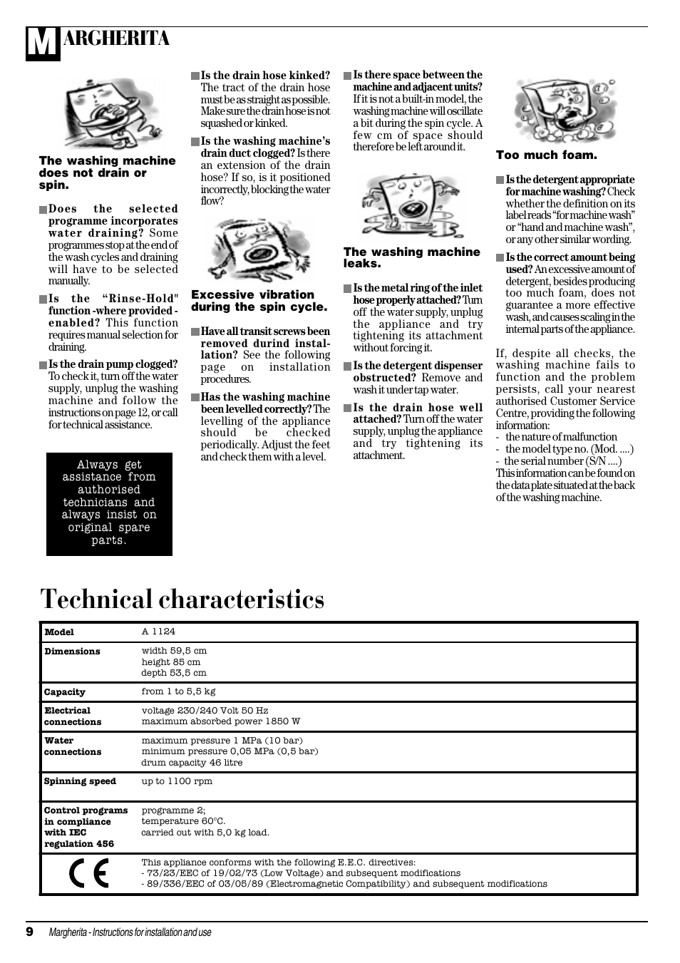 Technical characteristics, Argherita | Ariston A 1124 User Manual | Page 10 / 16