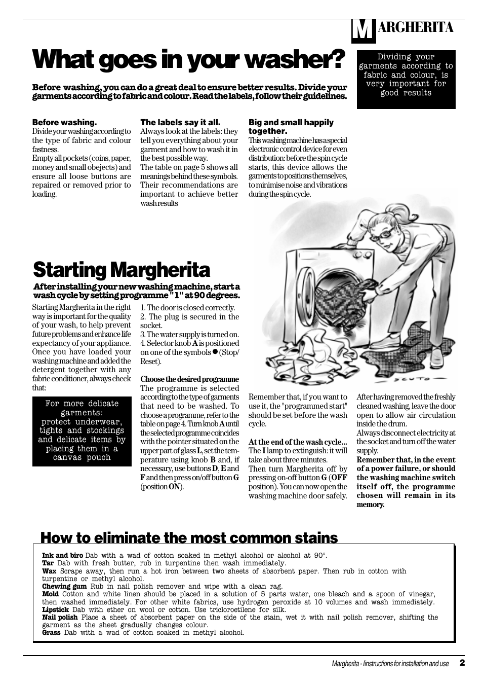 What goes in your washer, Starting margherita, How to eliminate the most common stains | Argherita | Ariston A 1124 User Manual | Page 3 / 16