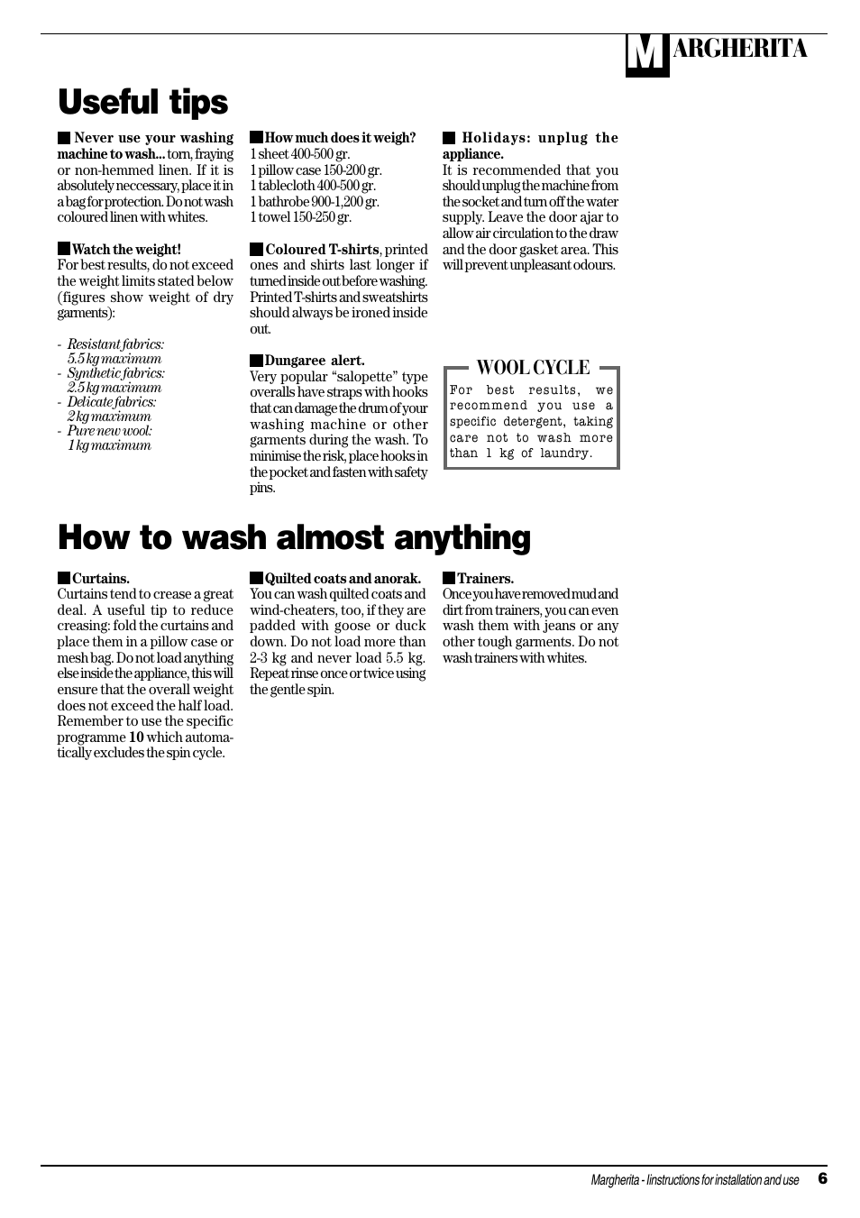 Useful tips, How to wash almost anything, Argherita | Wool cycle | Ariston A 1124 User Manual | Page 7 / 16