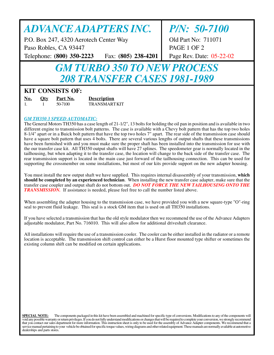 Advance Adapters 50-7100 User Manual | 2 pages