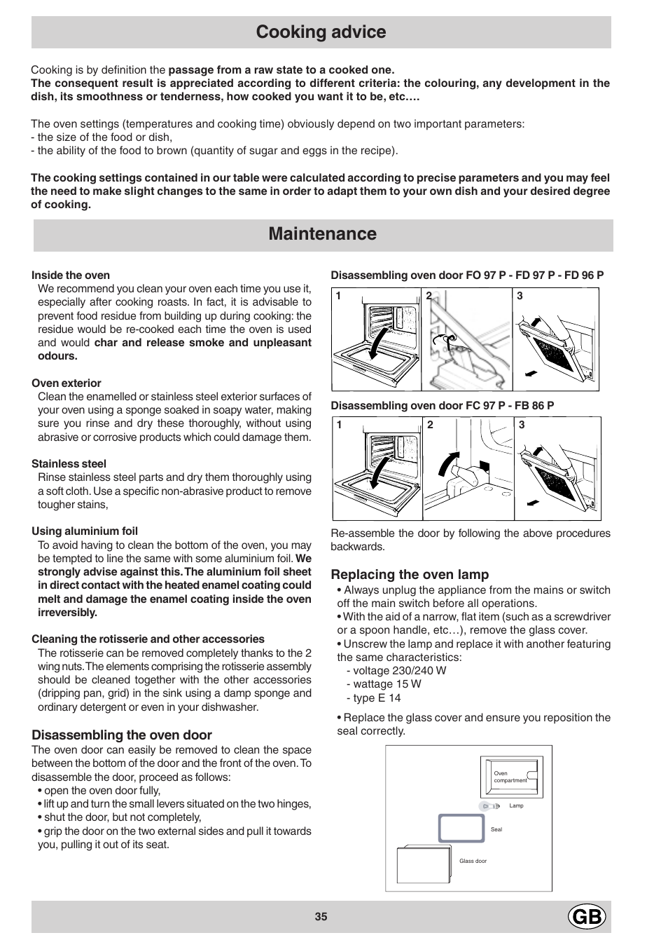 Maintenance cooking advice | Ariston FB 86 P User Manual | Page 11 / 14
