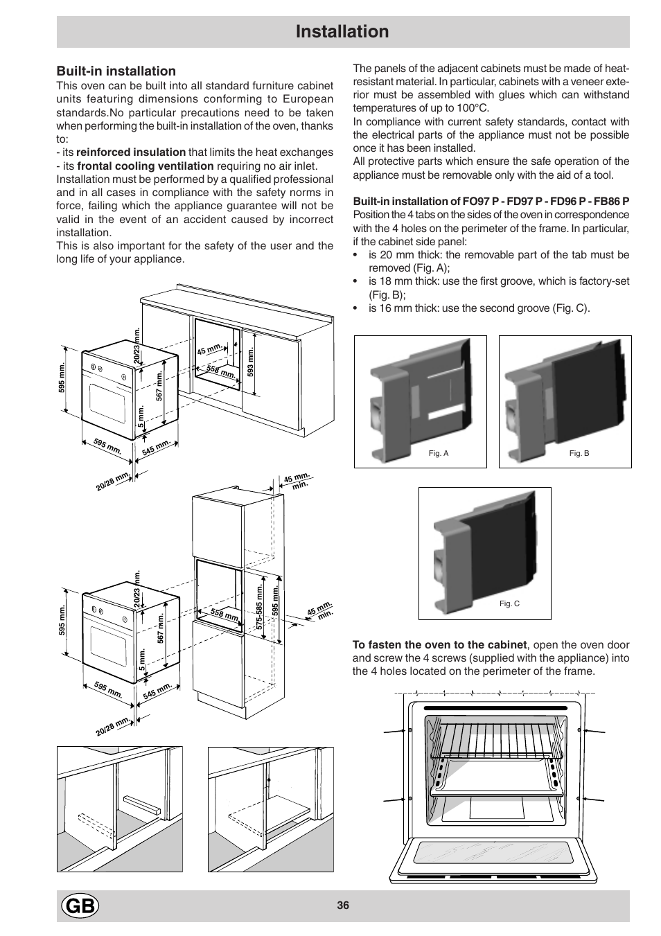 Installation, Built-in installation | Ariston FB 86 P User Manual | Page 12 / 14